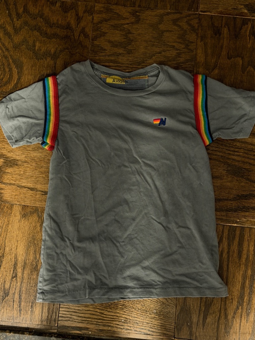 Aviator Nation Kids Gray Tee with Rainbow Sleeve Stripes